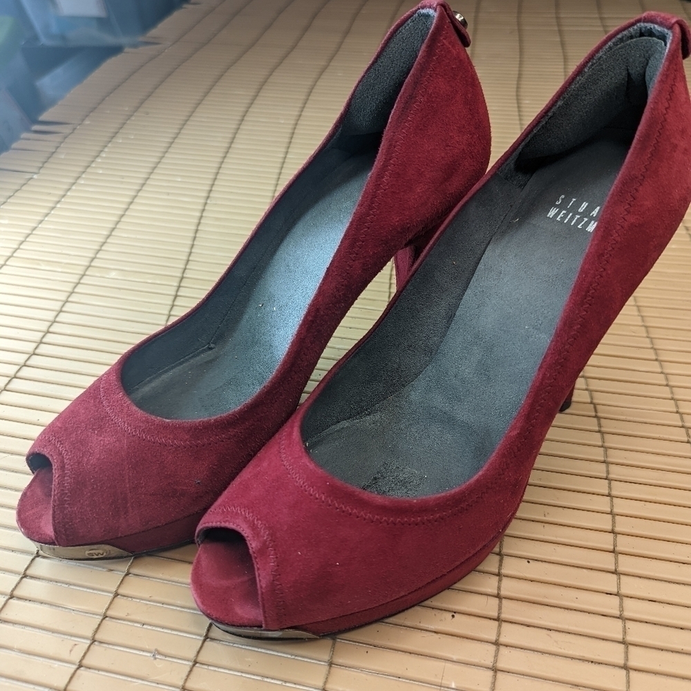 Stuart Weitzman Red Suede Peep Open Toe 5" Heels … - image 1